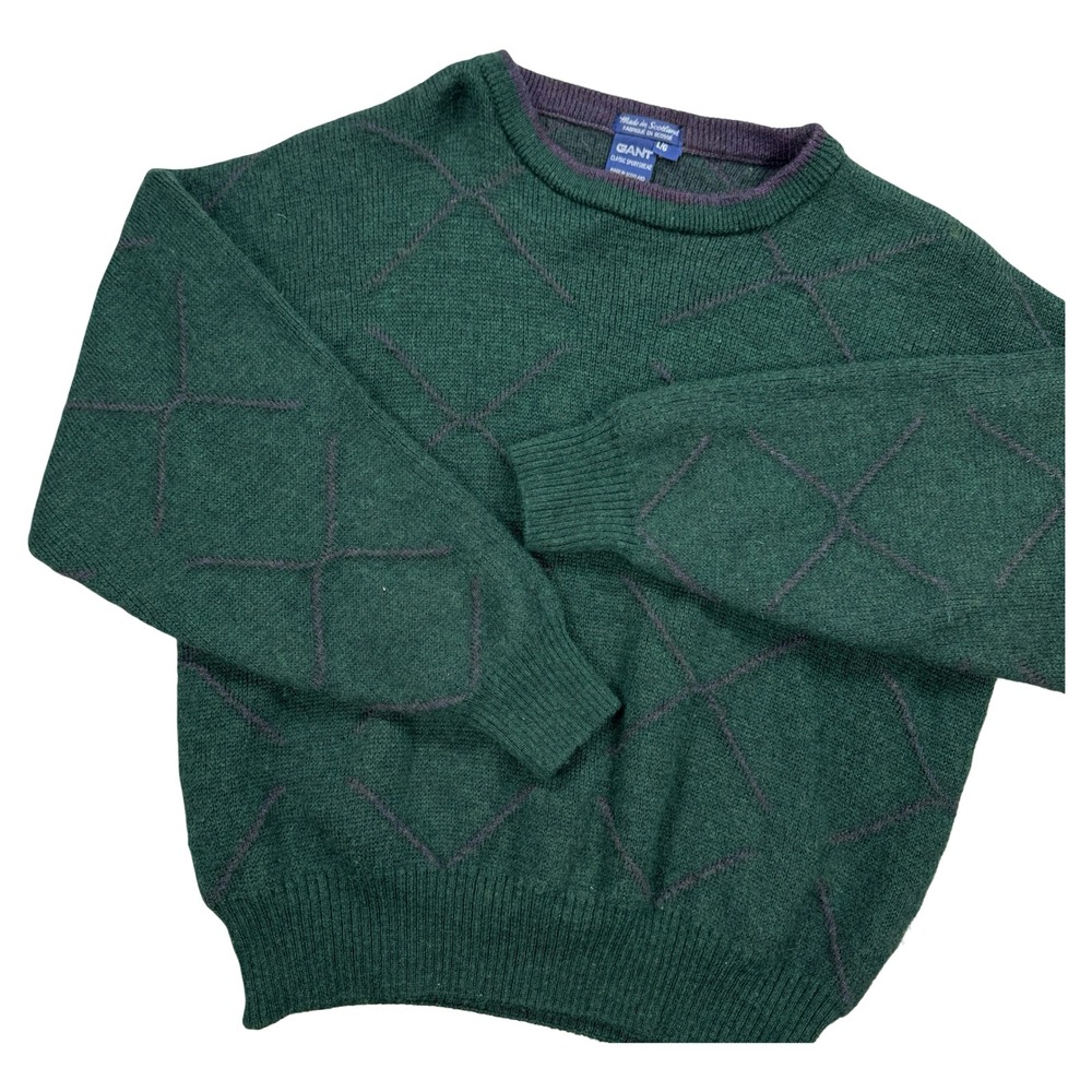 Gant Wool Sweater Men's Large Green Crewneck Argyle Knit Vintage Scotland Made